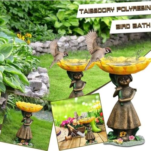 Outdoor Bird Bath Bowl Sunflower Girl Resin Pedestal Fountain Decoration for Yard Garden Planter Base Feeder Decor