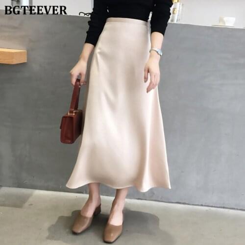 BGTEEVER Casual Soft Office Ladies Skirts Women Elegant High Waist Zipper Satin Female Skirt Mid-length 2020 Spring Summer