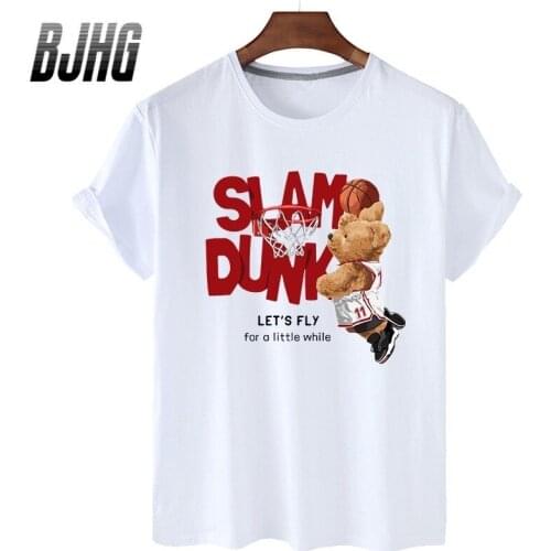 100% Cotton Basketball Teddy Bear Print Short-sleeved T-shirt Female Half-sleeved Summer Casual Oversized T-shirt Ladies Shirt