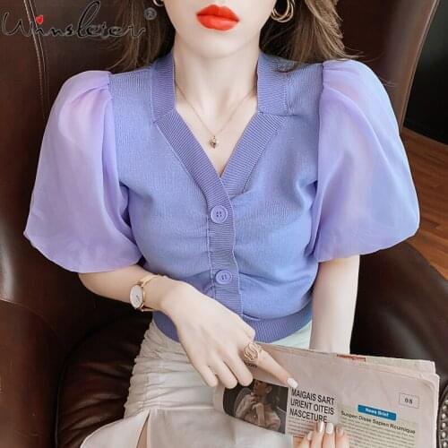 Summer 2021 Knitted T-shirt Women Vintage Knitwear Stretchy V-neck Buttons Chiffon Patchwork Tops Tees Puff Sleeve T17608A