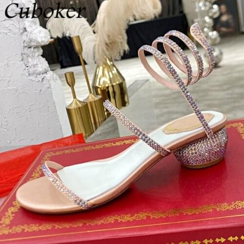 Brand Runway Mid Round Heel Sandals Ankle Strap Sexy Style Bling Crystal Slides Summer Gladiator Sandals Party Dress Shoes Women