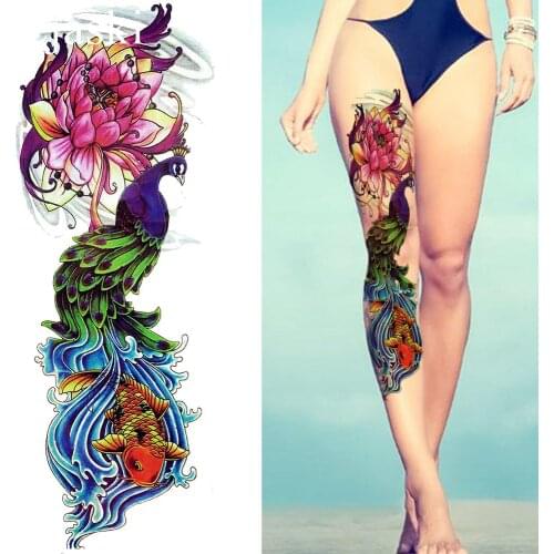 Beach Watercolor Peacock Temporary Tattoo Louts Women Full Leg Art Waterproof Tattoo Stickers Girl Arm Flash Fake Tatto Carp