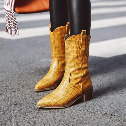 YMECHIC Yellow Black Brown Western Cowgirl Boots Pointed Toe Stone Pattern Block High Heel Female Shoes Mid Calf Woman Boots