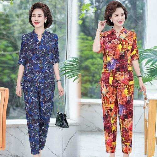 2021 Mom Summer 2 Piece Linen Cotton Women Top And Pants Casual Loose Retro Printed Short Sleeve Plus Size Suit Homewear M020