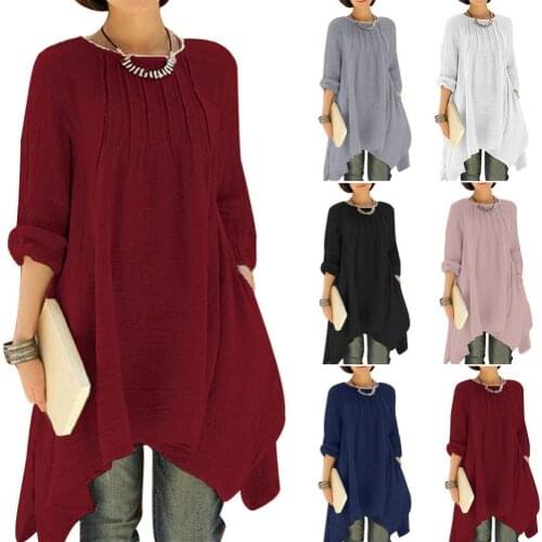 70% Hot Sell Women Autumn Solid Color Irregular Pleated Back Buttons Shirt Dress Loose Blouse