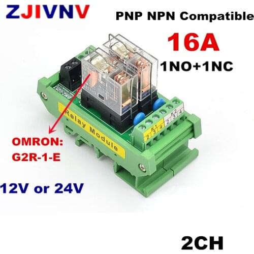 DIN Rail Mount 2 channels SPDT 16A Power Relay Interface Module 1 NO+1NC,OMRON G2R-1-E DC 12v 24V Relay PLC Signal Isolation Amplifier
