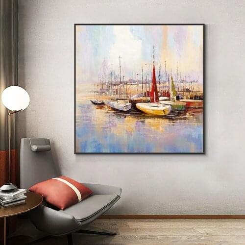 Abstract Colorful Textured Boat On The River Oil Painting 100% Hand Painted On Canvas Modern Canvas Wall Art For Home Decoration