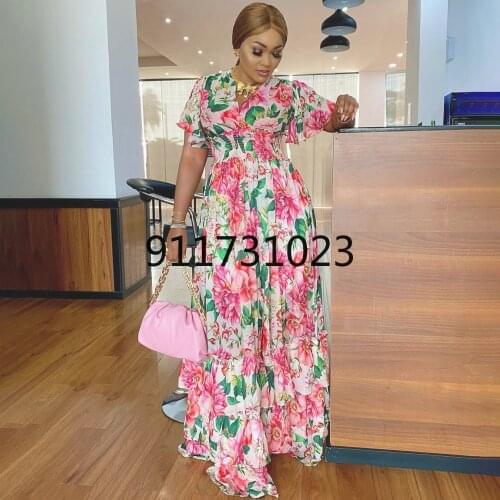 African Print Long Dresses For Women Boho Floral Chiffon Dress Ankara Dashiki Party Gown Abaya Elegant Ladies Summer Clothing