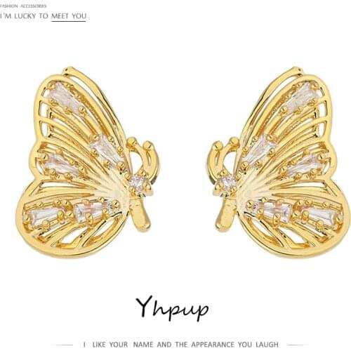 Yhpup Exquisite Butterfly Stud Earrings Delicate Shiny Cubic Zirconia Earrings Elegant Gold Metal kolczyki Jewelry Gift 2020
