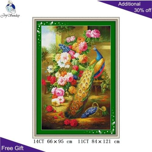 Joy Sunday Peony Peacock Bring Wealth Home Decoration D085(2) 14CT 11CT Stamped and Counted Peacock and Peony Cross Stitch Kits
