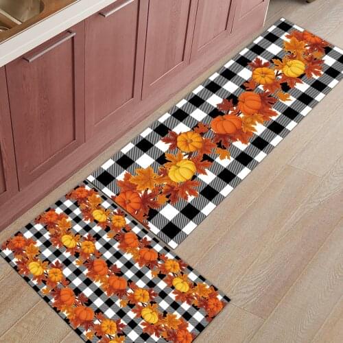 Thanksgiving Fall Pumpkin Plaid Kitchen Mat Entrance Doormat Christmas Home Decoration Living Room Carpet Bathroom Anti-slip Rug