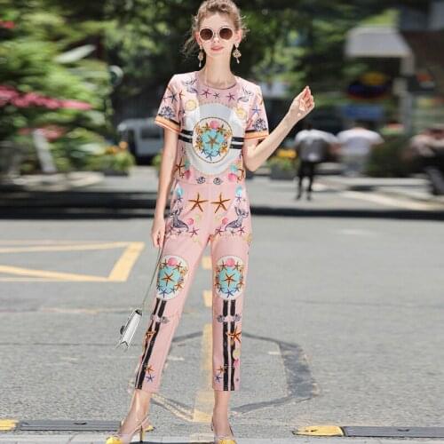 DIDABOLE Summer New Women Printed Sets Diamond T-Shirt Tops + Fashion Pants Vintage Elegant Casual High Quality 2 Piece Suit