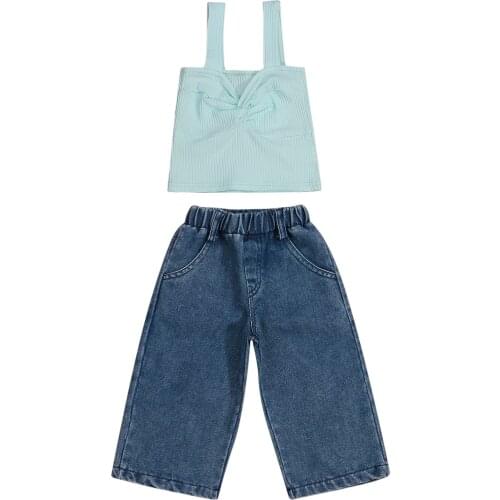 2-7Years Toddler Baby Girl Summer Outfit Solid Color Twist Knot V-neck Tank Top + Jeans with Pockets