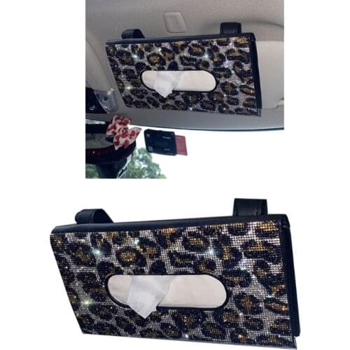 Fashion Car Sun Visor Leopard Grain Tissue Box Hanging Crystal Sparkling Crystal Napkin Holder Paper Towel Cover