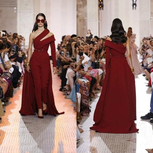 2020 Fashion Red Jumpsuit With Train Evening Dress Satin One Shoulder Pants Suit Special Occasion Gowns Red Carpet Gowns