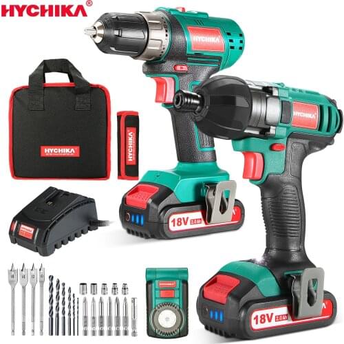 Drill Kit HYCHIKA 18V Electric Drill Combi 35Nm and Battery LED Light Impact Driver 160Nm for Drilling and Screw Driving Tools