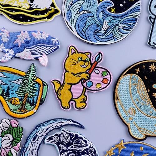 Cute Cat Embroidery Patch Clothing Anime Embroidered Patches For Clothes Patches Iron On Patch On Jacket Applique Stripe Jeans