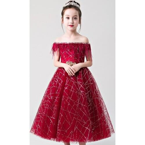 New Girl Wedding Dress Shoulderless Red Tassel Lace First communion Dress For Party Princess Tulle Long Flower Girl Vestidos