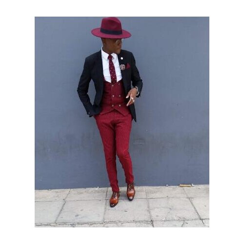 New Style Slim Fit Men Suits for Wedding 3Pcs Black Jacket Red Striped Vest with Pants Tuxedo Groom Groomsman Custom Plus Size