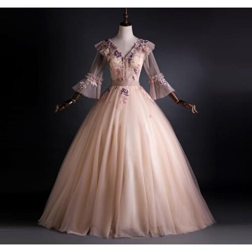 Luxury vintage flare sleeve beading embroidery flowers queen ball gown princess/Medieval Victoria stage performance/event/studio