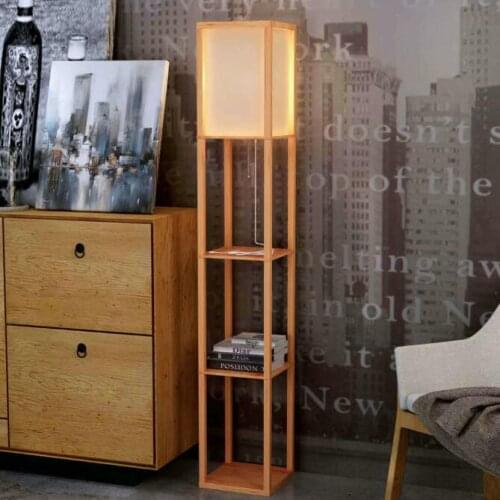 Modern LED Decorative Wooden Loft Floor Lamp Black White Standing Lamp with Table Storage Shelf for Home Living Room Bedrooms