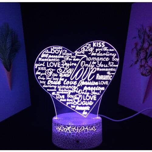 Valentine Series Love Heart Shape Filled With Letters 3D LED Lamp White Base Home Decor Couple Children Festival Birthday Gifts