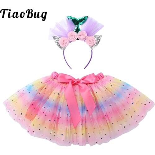 TiaoBug Baby Kids Ruffled Tulle Tutu Skirt with Headband Mermaid Costume Girls Halloween Cosplay Party Birthday Princess Outfits