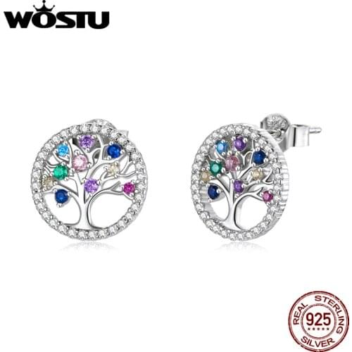Wostu Tree of life Stud Earrings 925 Sterling Silver Colorful Earrings For Women Authentic Original Fine Jewelry Gift DAE497