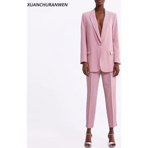 Fashion Slim Plaid Blazer Suits Spring V neck One Button Blazer High Waist Zipper Pants Sets Women Suit Sets XZ2004 2003