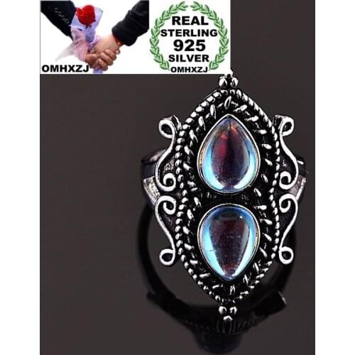 OMHXZJ Wholesale RR1185 European Fashion Woman Girl Party Birthday Wedding Gift Water Drop Moonstone 925 Sterling Silver Ring