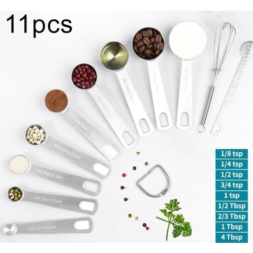 11Pcs Stainless Steel Measuring Spoons Cup Stirrer Ruler Hook Kitchen Measuring Tool Kitchen Cooking Baking Scale Scoop