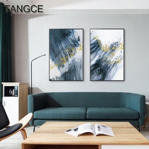 Abstract Golden Dots Painting Tableaux Big Poster Print Nordic Wall Art for Living Room Entrance Aisle Modern Blue Poster Decor