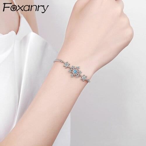 FOXANRY 925 Sterling Silver Bracelets for Women New Trendy Elegant Simple Sweet Sparkling Blue Snowflake Zircon Bride Jewelry