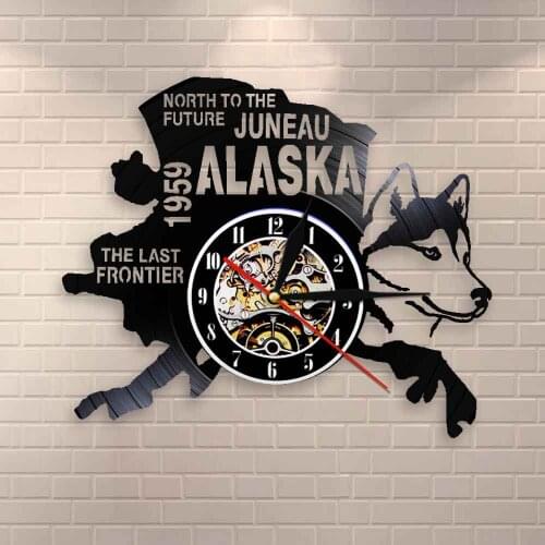 USA Cityscape Vinyl Record Clock The Last Frontier Alaska Decor North To The Future Juneau Modern Vintage Gift Alaska Dog Decor