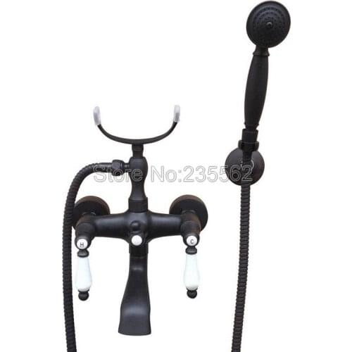Black Oil Rubbed Brass Bathtub Shower Faucets Set Dual Handle Mixer Tap Wall Mounted Bath Shower Set Hand Held Shower Ltf616