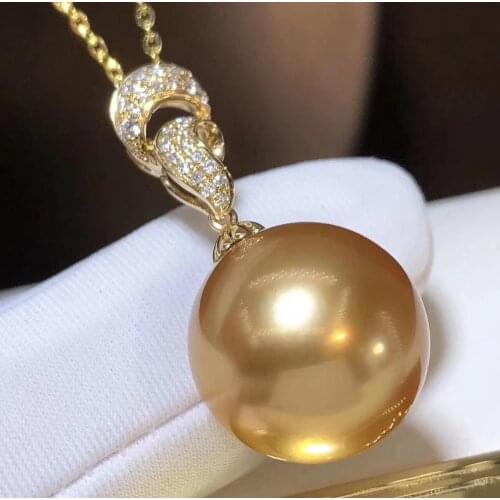 D408 Pearl Pendant Fine Jewelry Solid 18k Gold Diamonds Round Natural 13-14mm Ocean Sea Water Golden Pearls Pendants Necklaces