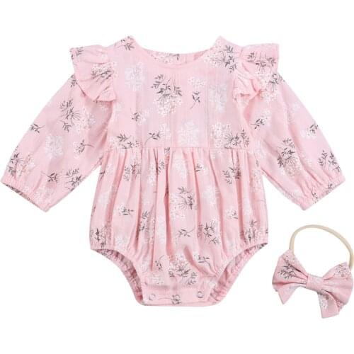 Newborn Baby Girl Clothes Fly Long Sleeve Flower Print Round Neck Cotton Romper Jumpsuit Bow Headband 0-24M For Spring Fall