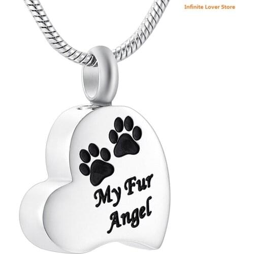 IJD8549 Stainless Steel"Paw,My Fur Angel"Engrave Pet Memorial Heart Keepsake Necklace Wholesale Cremation Ashes Jewelry