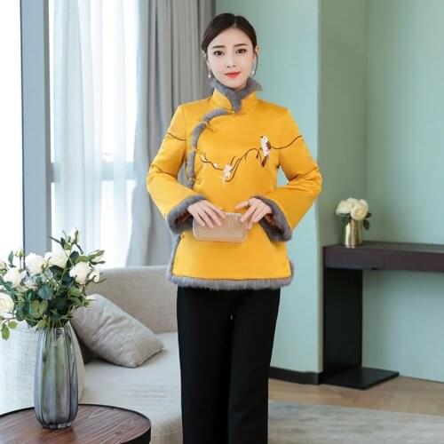 Chinese New Year Clothes For Women Long Sleeve Winter Fleece Warm Thick Yellow Chinese Cheongsam Tops For Women FF2476