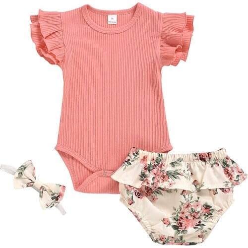 0-24M Baby Summer Clothing Infant Newborn Baby Girl Ruffled Ribbed Bodysuit Floral Shorts Headband 3Pcs Set