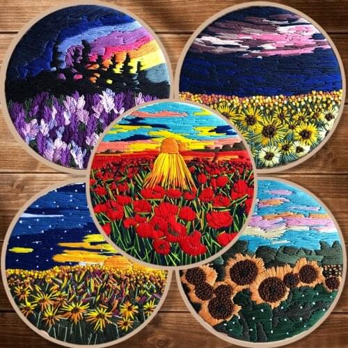 Fashion Colorful DIY Ribbon Flowers Embroidery Set with Frame for DIY Plants Cherry Tree Handwork Needlework Painting Kits
