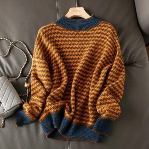 Fashion Houndstooth Half High Neck Casual Sweater Women Elegant Versatile Loose Slim Pullover Ladies Stitching Retro Autumn Tops