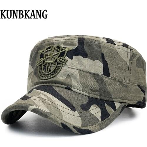 KUNBKANG New Vintage Mens Camouflage Caps Flat Top Military Hats Adjustable Outdoor Cotton Tactical Army Cap Sports Leisure Hat