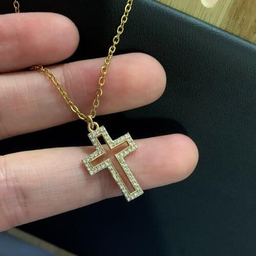 New Micro Pave Zircon Hollow Cross Pendant Charm Necklace for Women Trendy Gold Color Stainless Steel Link Chain Choker Necklace