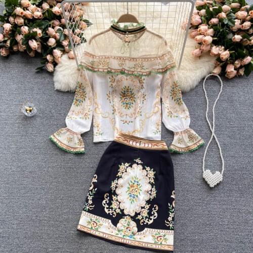 Autumn Shirt Two piece set Women Retro See though Lace Stitching Chiffon Blouse Tops Suits Printed Skirts 2 Piece set Female