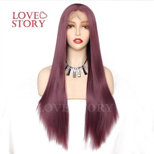 Lovestory Silky Straight Synthetic Lace Front Wig Purple Color Heat Resistant Synthetic Replacement Hair Wigs 24Inch