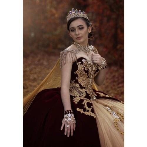 Vestidos de fiesta Mexican Burgundy Velvet Quinceanera Dresses Appliqued Beads Applique Sweet 16 Dress vestidos de XV 15 años