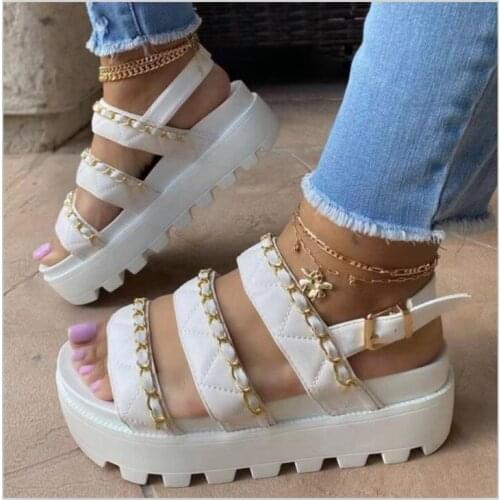 2021Luxury Trendy Women Sandals Thick Platform Wedges Sandals Heel Pu Leather Metal Height Increasing Beach Casual Sandalias Muj