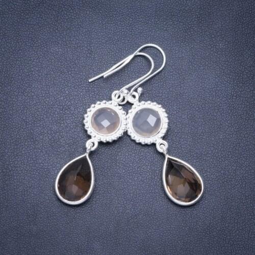 Natural Smoky Quartz and Cat Eye Handmade Unique 925 Sterling Silver Earrings 2" A0758
