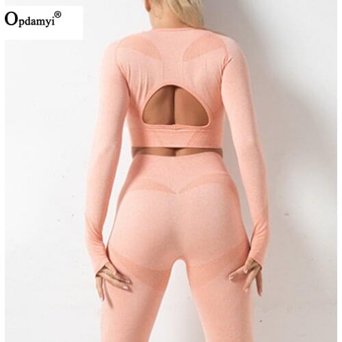 Seamless Backless Women Yoga Set Running Workout Gym Long Sleeve Crop Top High Waist Leggings Sport Clothing Suits Athletic Wear